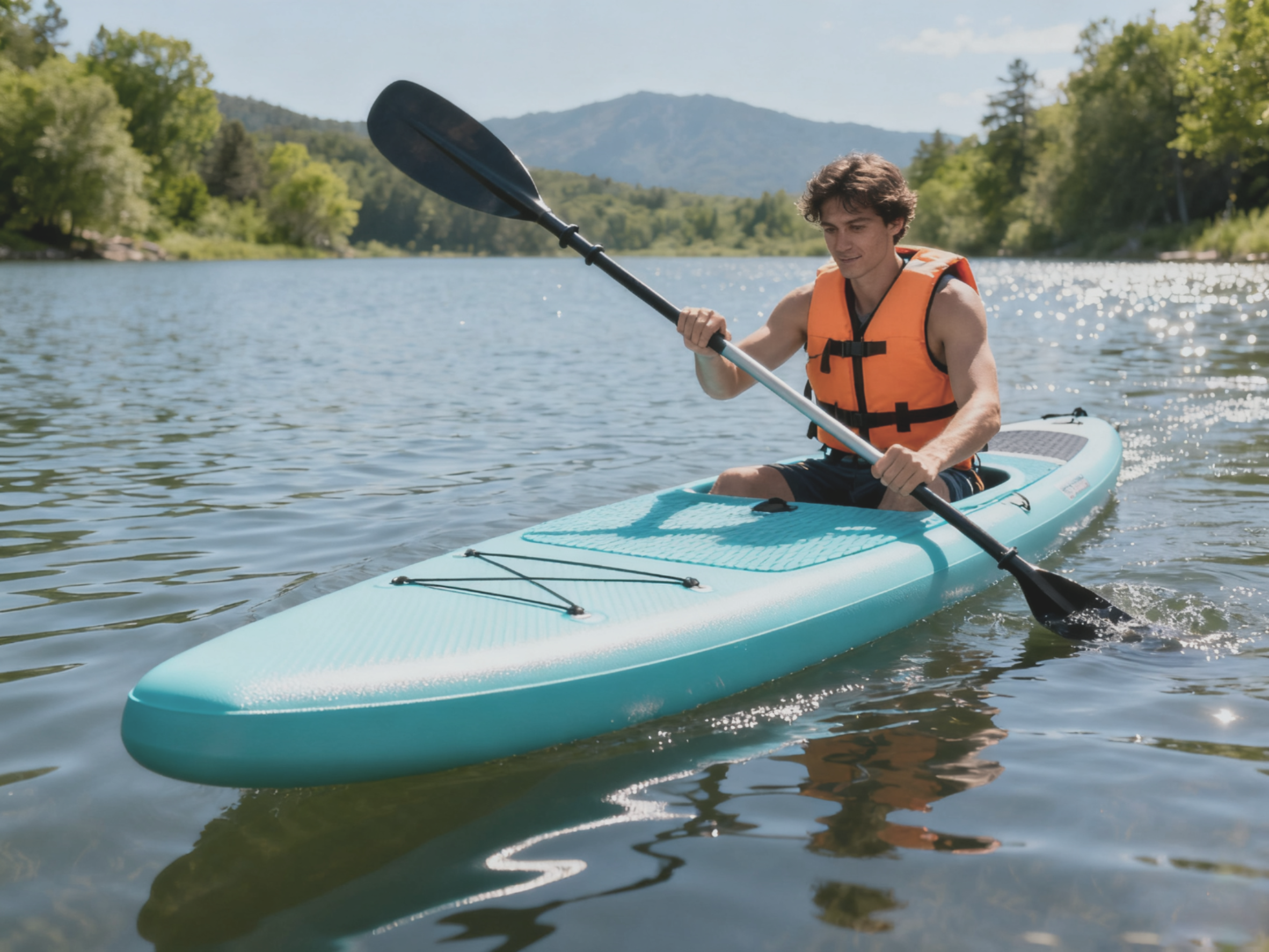 경량 구조로 제작된 카약과 패들을 사용하는 물 위의 카약 PVC 폼 코어 . 선체와 패들은 복합 샌드위치 구조에서 소재의 강도와 성능을 보여줍니다.
