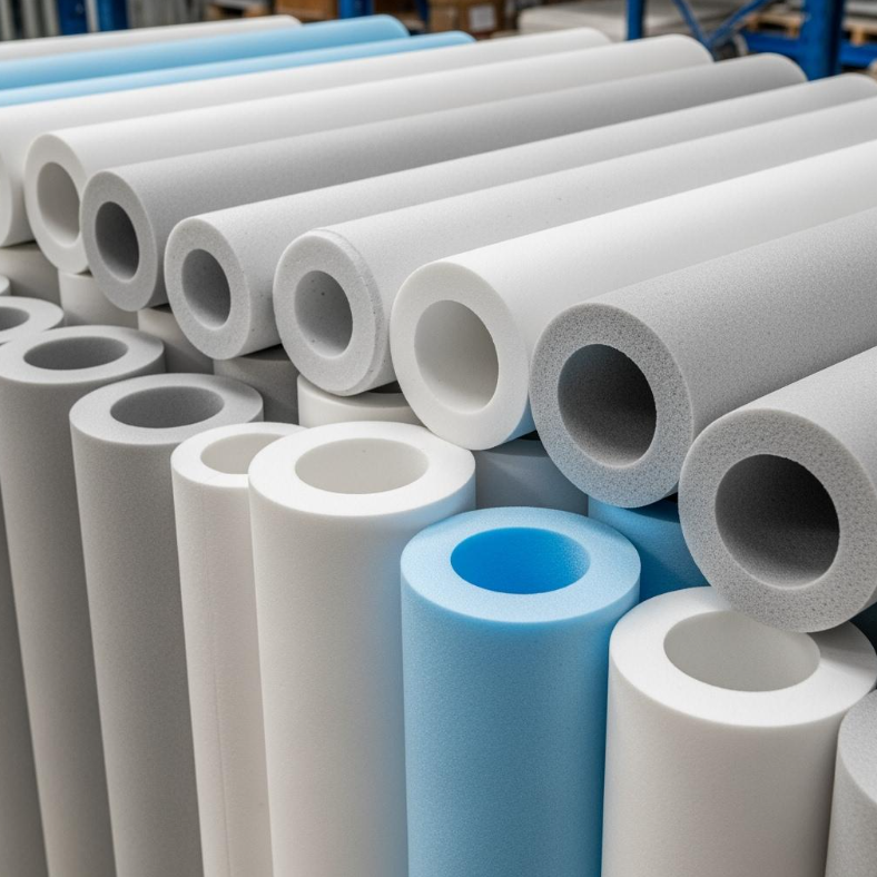 Image de tubes en mousse et de manchons isolants rigide PVC usin&eacute;s avec pr&eacute;cision pour les applications de flottabilit&eacute;, de protection thermique et de conduits dans les syst&egrave;mes industrie marine et industriels.