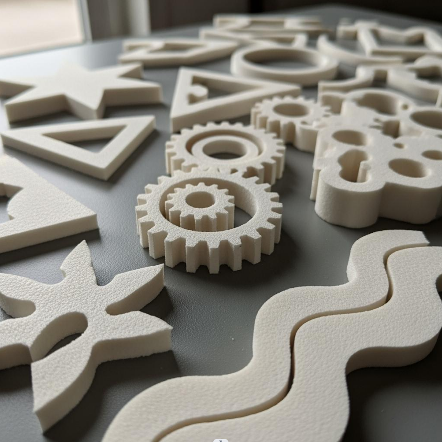 Immagine di varie parti in schiuma di PVC rigido dalla forma e dal profilo unici con angoli e curve personalizzati, progettate per applicazioni strutturali ed estetiche.